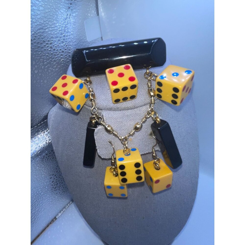 Vtg Shultz Bakelite Black Bar Brooch Yellow Dice Earrings Whimsical Figurals